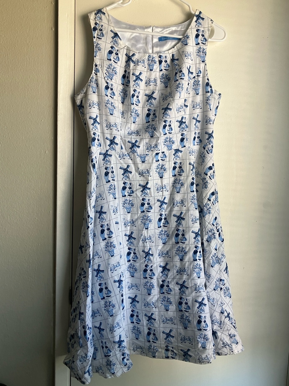 Lien & Giel Dutch Novelty Pattern Windmill Fit and Flare Dress Blue White XL